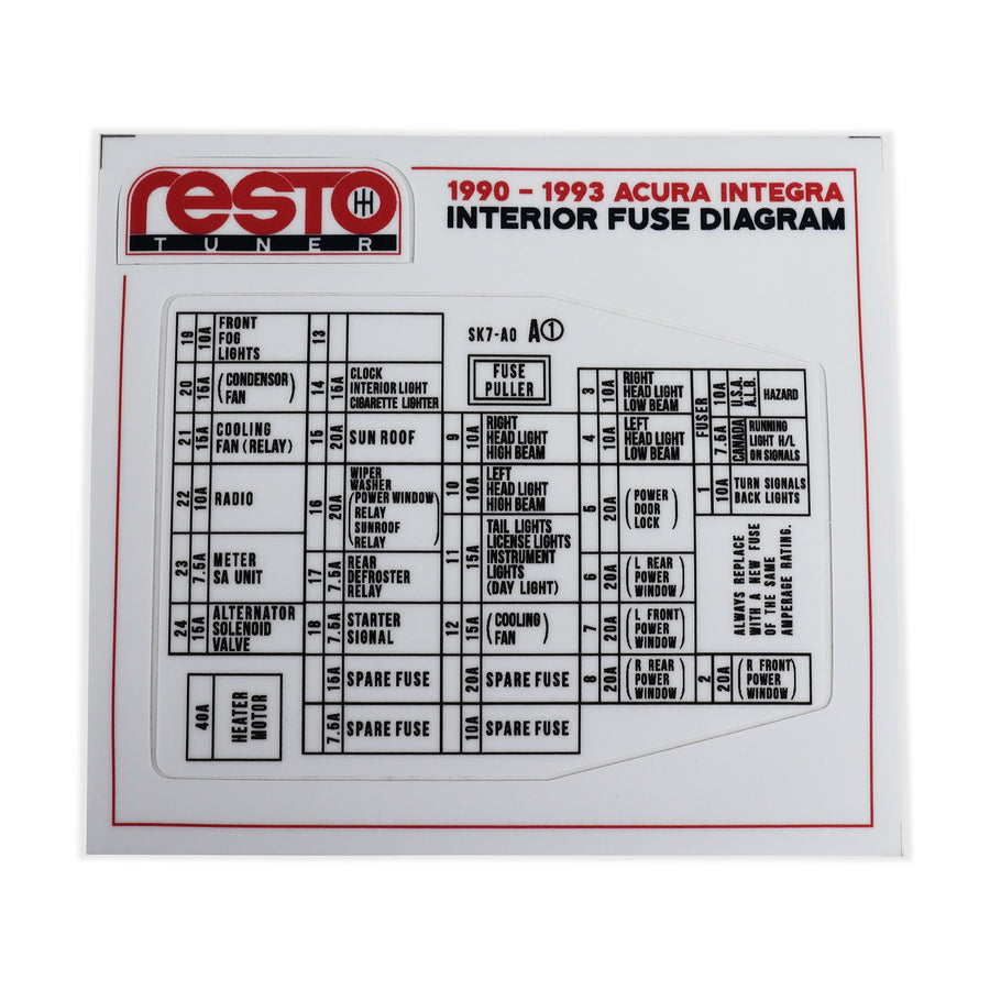 RestoTuner 1990-1993 Integra Interior Fuse Replacement Decal 91 GS, GSL Only RST-DCL-01-22