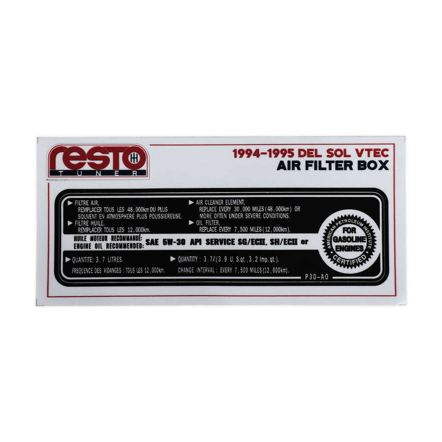 RestoTuner 94-95 Del Sol VTEC (B16) Air Filter Box Replacement Decal RST-DCL-01-41