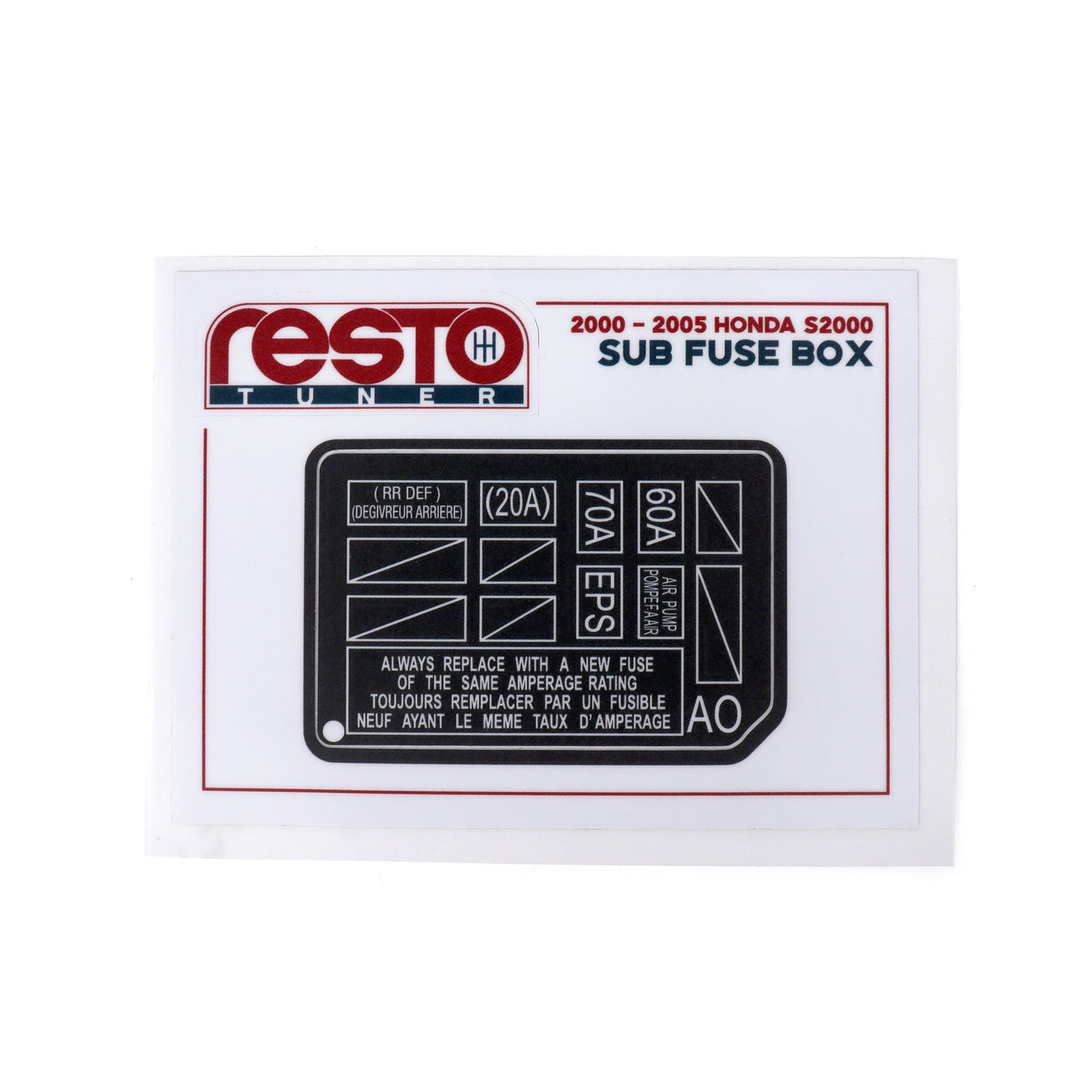 RestoTuner Honda S2000 Engine Bay Fuse Box Replacement Decal 00-01 Sub Fuse RST-DCL-01-A2