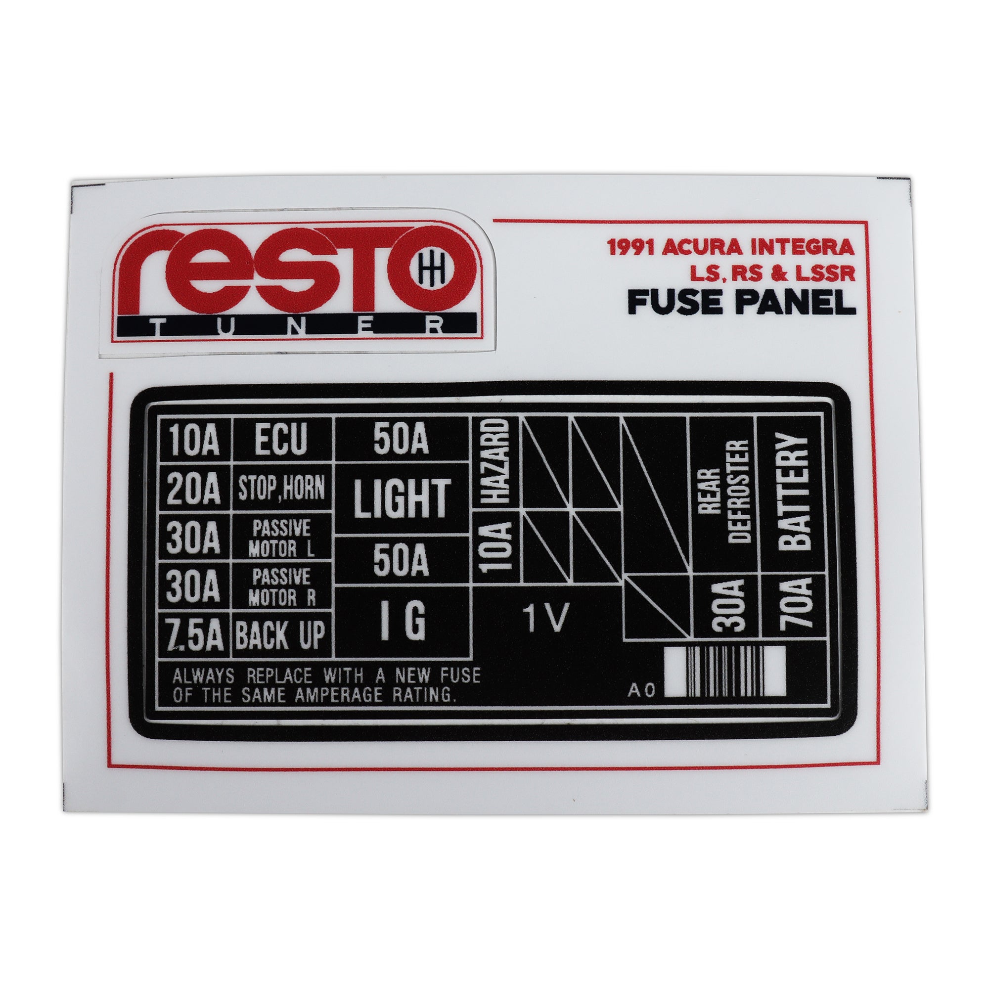 RestoTuner 1990-93 Integra Engine Fuse Replacement Decal
