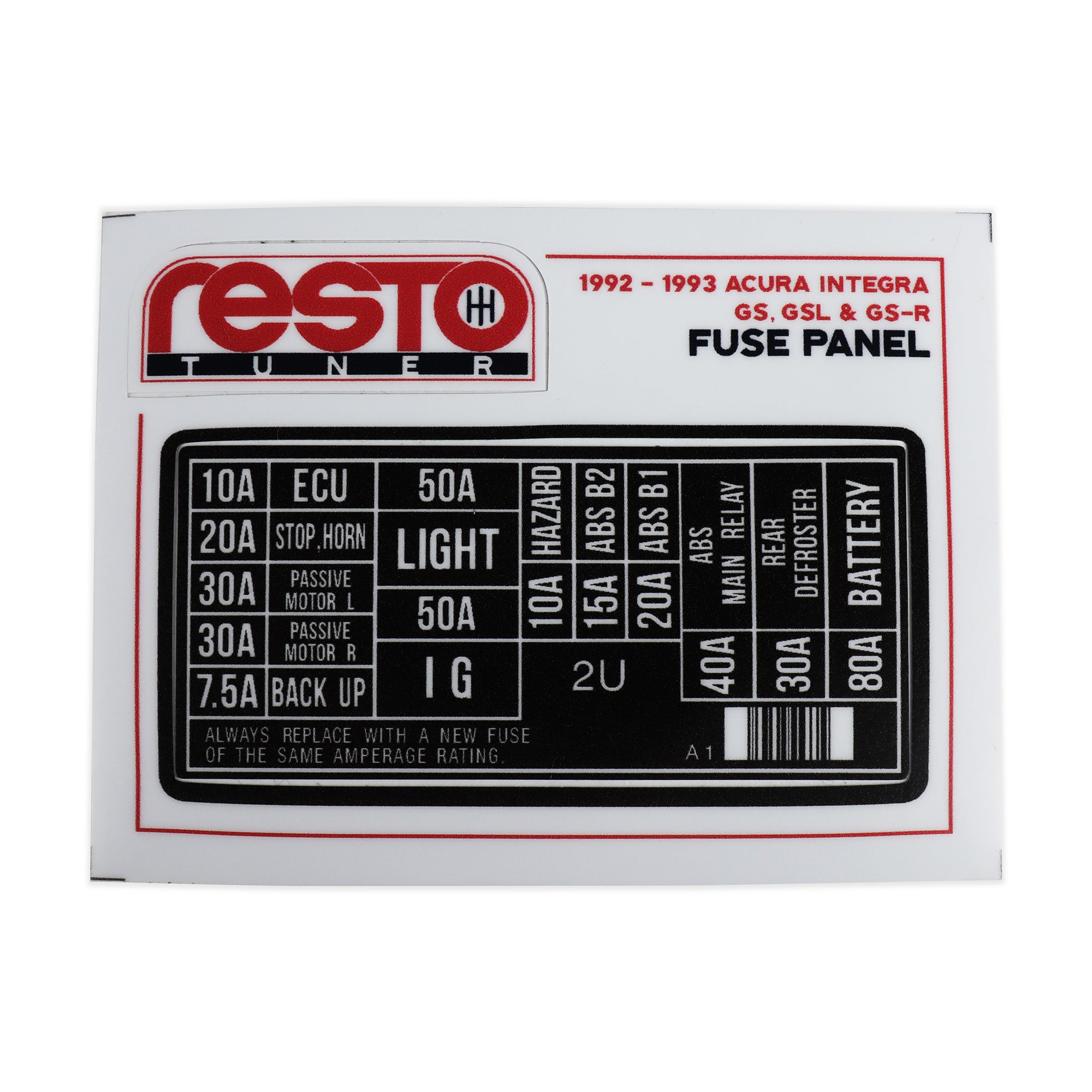 RestoTuner 1990-93 Integra Engine Fuse Replacement Decal