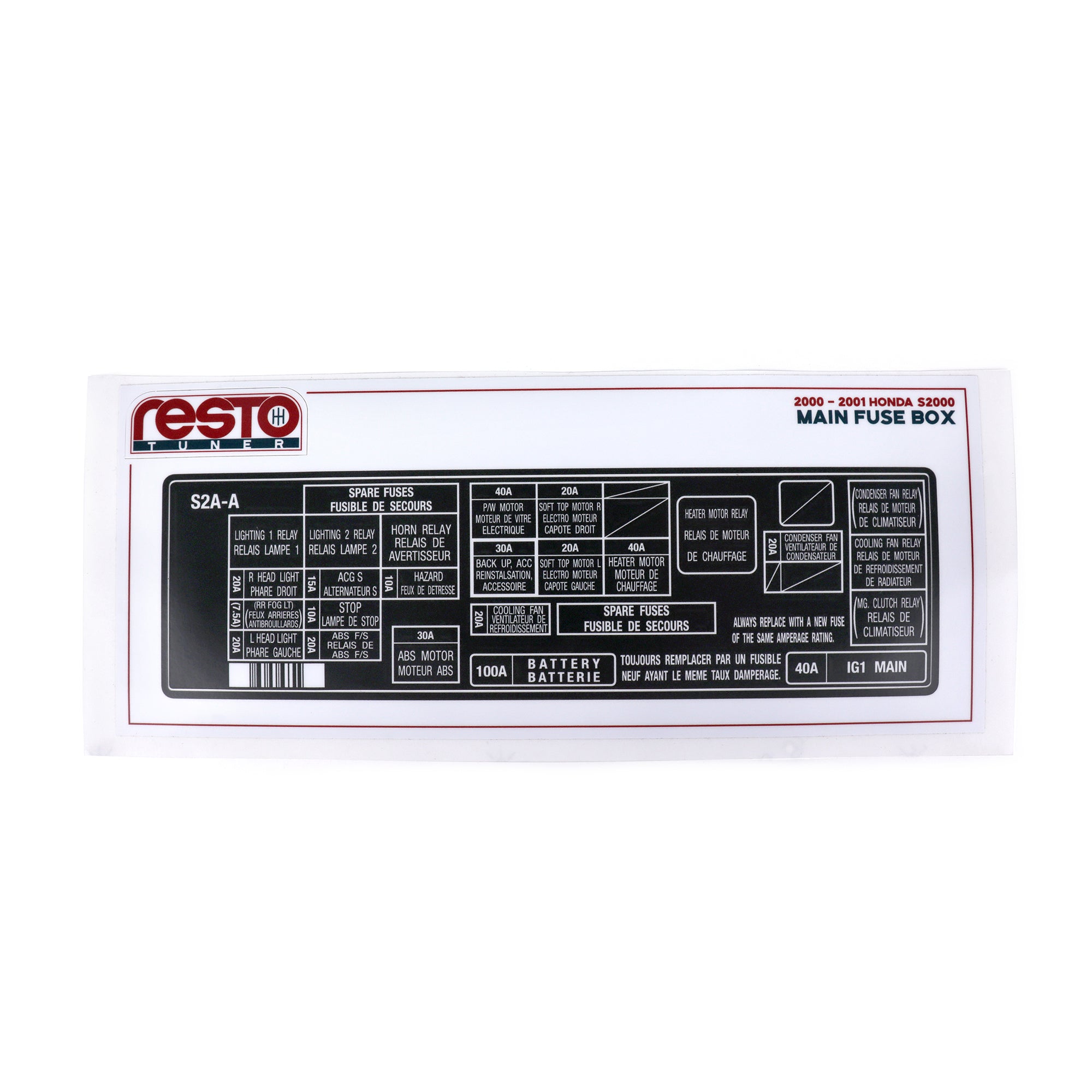 RestoTuner Honda S2000 Engine Bay Fuse Box Replacement Decal