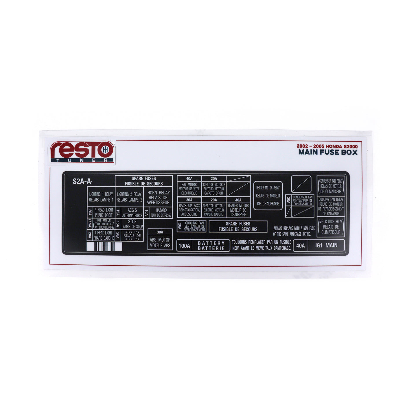 RestoTuner Honda S2000 Engine Bay Fuse Box Replacement Decal